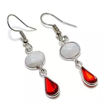 Серьги из стерлингового серебра 925 пробы с натуральным радужным лунным камнем и гранатом 1,65 дюйма g4t33