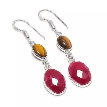 Серьги из стерлингового серебра 925 пробы с натуральным рубином и тигровым глазом 2,01 дюйма g8F37