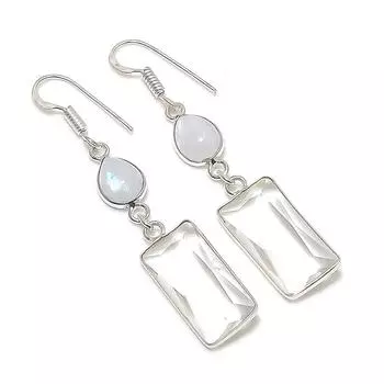 Серьги из стерлингового серебра 925 пробы с натуральным белым топазом и лунным камнем 2,21 дюйма j8f06