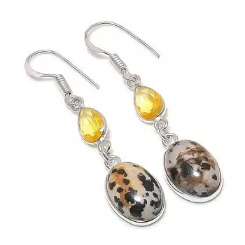 Серьги из стерлингового серебра 925 пробы с натуральным далматинским яшмой и цитрином 1,97 дюйма h9O50
