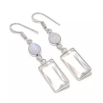 Серьги из стерлингового серебра 925 пробы с натуральным белым топазом и лунным камнем 2,25 дюйма N2b05