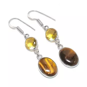 Серьги из стерлингового серебра 925 пробы с натуральным тигровым глазом и цитрином 1,97 дюйма U4q18