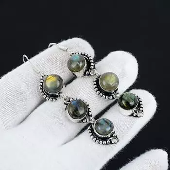 Серьги из стерлингового серебра 925 пробы ручной работы с лабрадоритом, серьги из натурального трех драгоценных камней, серьги с лабрадоритом, серьги ручной работы, подарки для женщин 2.55 чёрный