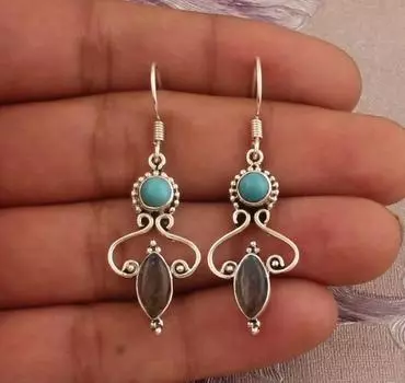 Серьги из стерлингового серебра 925 пробы с бирюзой и лабрадоритом, дизайнерские свадебные украшения ручной работы, новогодний подарок 3.5 синий