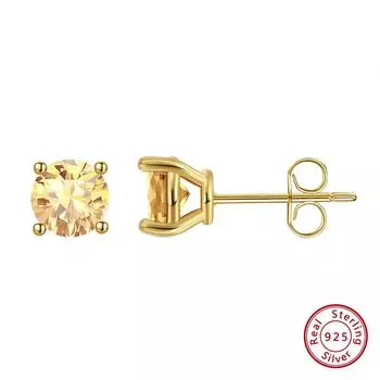 Серьги из стерлингового серебра S925 пробы с натуральным хрустальным камнем 14 карат, круглые серьги с четырьмя когтями и инкрустацией 925