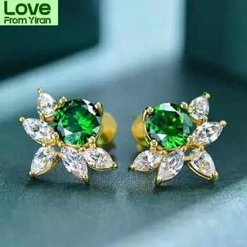 Серьги из стерлингового серебра S925, серьги-гвоздики для женщин, роскошные свадебные серьги с зелеными бриллиантами высокого качества из углерода 7 * 7 мм, женские ювелирные изделия