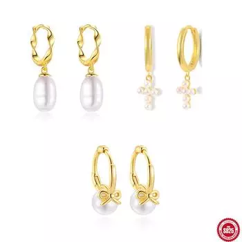 Серьги из стерлингового серебра S925 в стиле ретро с жемчугом Ins Wind Simple Glossy Wave Cross с характерными серьгами 925 Silver