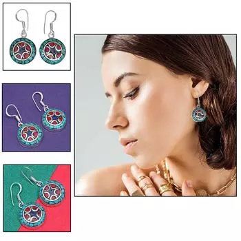 Серьги из тибетской бирюзы и коралла красного цвета в стиле непальского племени 12 г 1,5 1,6 массивный подарок