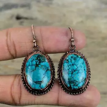 Серьги из тибетской бирюзы, медные серьги с драгоценными камнями, изготовленные методом электроформовки, тибетские украшения ручной работы, абсолютно новые серьги, медные украшения, подарки на помолвку