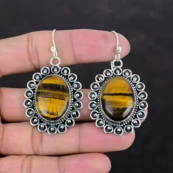 Серьги из тигрового глаза, 925 пробы, серьги ручной работы, ювелирные изделия из натуральных драгоценных камней, дизайнерские серьги, подарок жене, ювелирные изделия из камня по рождению