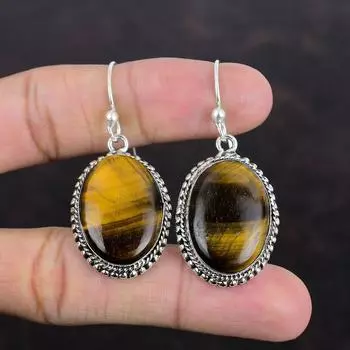 Серьги из тигрового глаза Серьги из стерлингового серебра 925 пробы Винтажные серьги ручной работы Очень красивые серьги из драгоценных камней Ювелирные изделия из тигрового глаза Подарки на годовщину