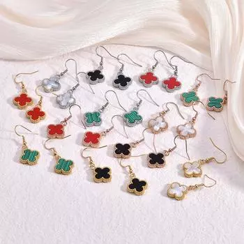 Серьги из титановой стали, которые не выцветают, художественные серьги в стиле ретро с двухсторонним клевером 18 карат белый