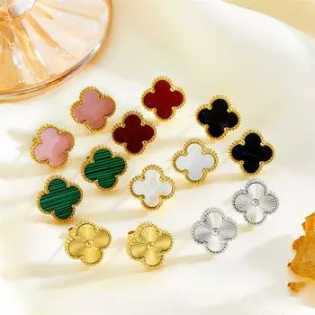 Серьги из титановой стали не теряют цвет. Серьги с четырьмя листочками клевера. Серьги Trend Personality Net Red Lucky Grass. Высококачественные женские серьги. чёрный