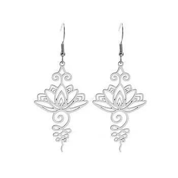 Серьги из титановой стали с буддийским узором лотоса серебряный серый