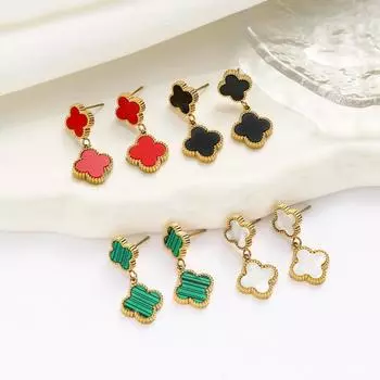 Серьги из титановой стали с четырьмя листочками клевера на удачу, титановые стальные серьги не теряют цвет, классические серьги с кисточками в виде четырехлистника, женские серьги чёрный