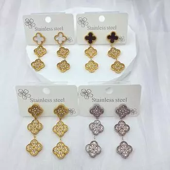 Серьги из титановой стали с четырьмя листами клевера и бриллиантами, которые не выцветают золотой