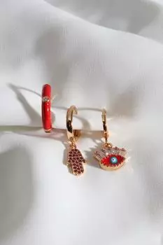 Серьги из трех частей с красной эмалью в форме глаз и золотого цвета