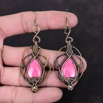 Серьги из тулита, серьги из медной проволоки, элегантные серьги, медные украшения, серьги ручной работы из натурального драгоценного камня, ювелирные изделия из проволочной обмотки для подарка