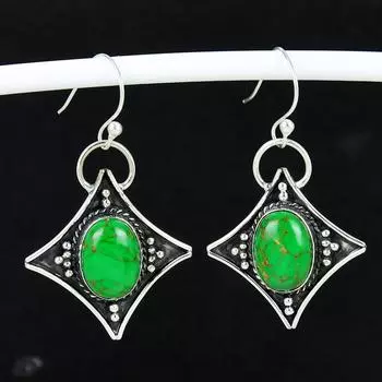 Серьги из зеленого бирюзового камня, антикварные серьги из стерлингового серебра 925 пробы, серьги-подвески из серебра в стиле бохо, подарки для вечеринок, подарки для нее 4 Cm зелёный