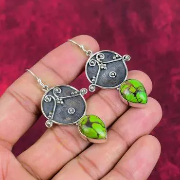 Серьги из зеленой меди и бирюзы, ювелирные изделия из серебра 925 пробы с драгоценными камнями, серьги ручной работы, потрясающие ювелирные изделия, подарок для нее 2.24 Inches зелёный