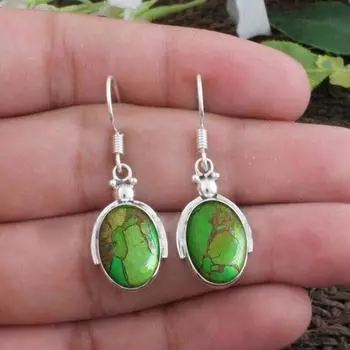 Серьги из зеленой меди и бирюзы Серьги из стерлингового серебра с бирюзой и овальными драгоценными камнями