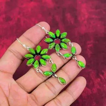 Серьги из зеленой меди и бирюзы, ювелирные изделия из серебра 925 пробы с драгоценными камнями, серьги ручной работы, потрясающие ювелирные изделия, подарок для нее 3.03 Inches зелёный