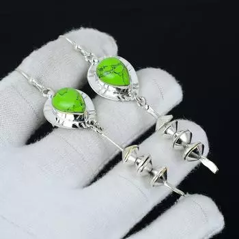 Серьги из зеленой меди с бирюзой, серебряные серьги, серьги с драгоценными камнями груша, серьги из стерлингового серебра 925 пробы, натуральный драгоценный камень, серьги для медитации 3.14 зелёный