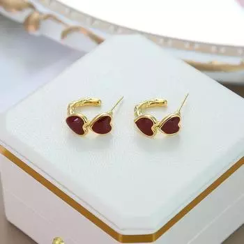 Серьги-каффы Double Love в форме буквы C, Модные темпераментные серьги, Высококлассные пусеты, Простые и универсальные серьги в форме сердца. 18K красный