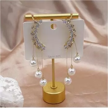 Серьги-каффы с цирконием и жемчужной кисточкой корейские 2шт. золотистый