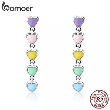 Серьги-капли BAMOER Romantic из настоящего серебра 925 пробы с радужным сердцем и эмалью SCE451