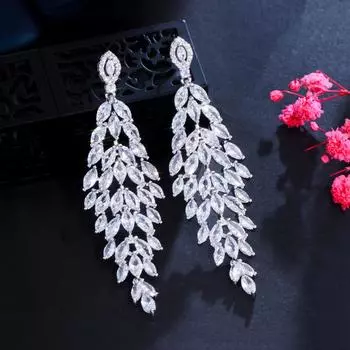 Серьги-капли CMM блестящего серебряного цвета с кубическим цирконием и длинными листьями для невест серебряный