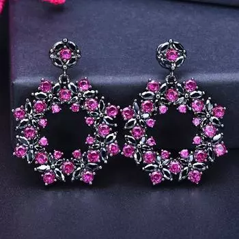 Серьги-капли CMM черного золотого цвета с ювелирным покрытием розово-красного циркона и цветка розы красного