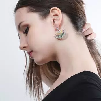 Серьги-капли CMM с полыми веерообразными фианитами изумрудный