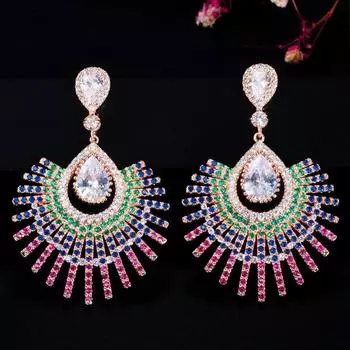 Серьги-капли CMM в этническом розовом золотом цвете в форме веера с цирконием разноцветный