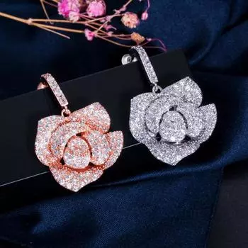 Серьги-капли CMM высокого качества с кубическим цирконием и розами для невест розового золота