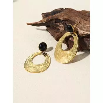 Серьги-капли для женщин, винтажные большие серьги с геометрическим рисунком из черного камня, водонепроницаемые ювелирные изделия бронзовый