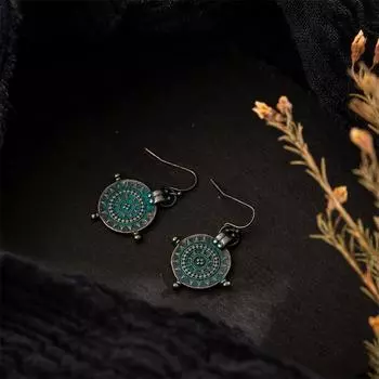 Серьги-капли, индийские, золотистые, серебряные, свисающие, этнические, неровные, резные, для женщин и девочек, винтажные, с гравировкой, 1 пара, изысканные, в форме колеса, ручная работа серебряный