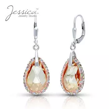 Серьги-капли из чистого серебра 925 пробы с каплями шампанского и кристаллами на рычаге