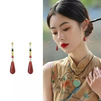 Серьги-капли из красной воды, изысканные серьги-гвоздики с подвеской и кисточками, юбка в виде лошадиной морды красный