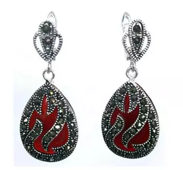 Серьги-капли из настоящего серебра 925 пробы с марказитом и инкрустацией красным кораллом