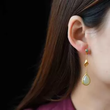 Серьги-капли из натурального хетяна, белого халцедона, инкрустированные серебром, длинные, в китайском стиле, в стиле ретро, с подвесками, женские фирменные ювелирные изделия белый