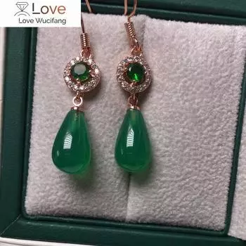 Серьги-капли из натурального зеленого нефрита для женщин с изумрудом и фианитом, из стерлингового серебра 925 пробы, серьги-подвески, ювелирные украшения