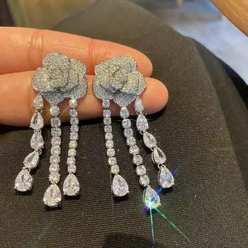 Серьги-капли из серебра 925 пробы со сверкающими цветочными каплями, микронабор с цирконием, висячие серьги с кисточками и камелией, вечерние украшения серебряный