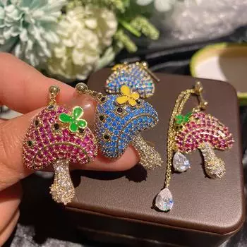 Серьги-капли из серебра 925 пробы с милыми грибами и цветочными кисточками для женщин, красочные висячие серьги с кубическим цирконием синий