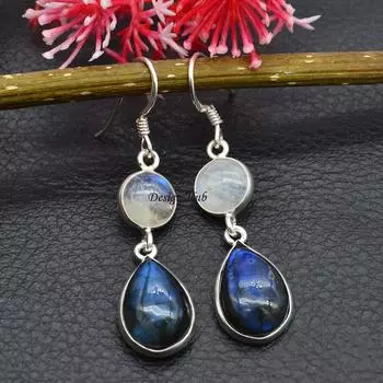 Серьги-капли из стерлингового серебра 925 пробы с лунным камнем и лабрадоритом, дизайнерские серьги-подвески ручной работы, ювелирные изделия в подарок для женщин 1.6 синий