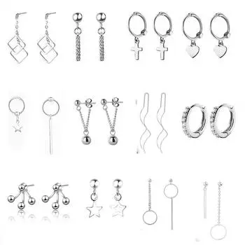 Серьги-капли из стерлингового серебра 925 пробы со звездами и сердечками с геометрическим рисунком для женщин и девочек, висячие серьги Pendientes