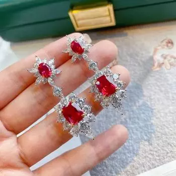 Серьги-капли из стерлингового серебра 925 пробы 3ex овальной огранки 8 * 10 мм с необычными рубиновыми сапфирами и синтетическим муассанитом для женщин