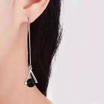 Серьги-капли из стерлингового серебра 925 пробы с треугольными черными круглыми бусинами для предотвращения аллергии для женщин, рождественские украшения Eh744