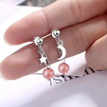 Серьги-капли из стерлингового серебра 925 пробы со звездами и луной с клубничными хрустальными бусинами для женщин S-E915