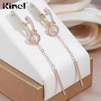 Серьги-капли Kinel с длинной кисточкой, розовое золото 585 пробы с цирконом, свадебные серьги для женщин розового золота